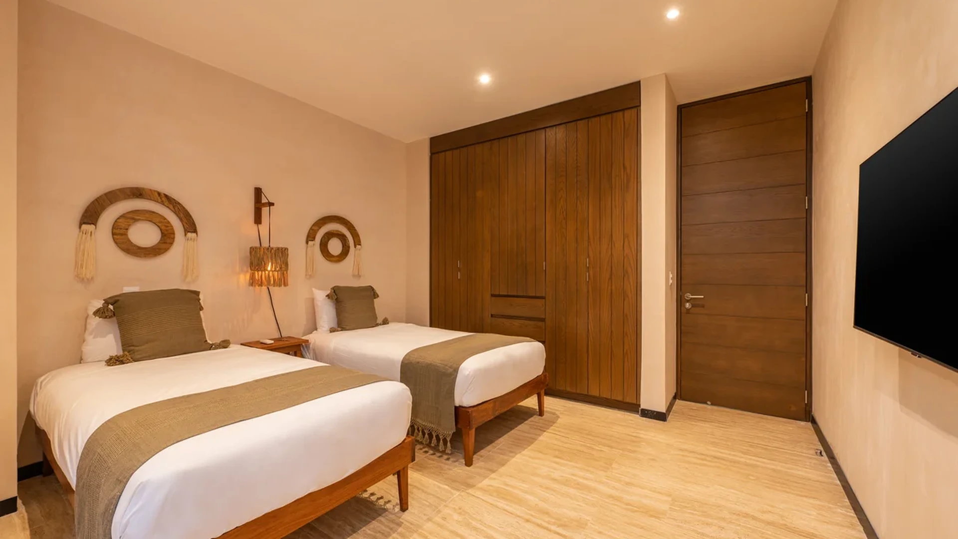 View of Bedroom at Ophelia, showcasing Twin Beds, Wood Flooring.