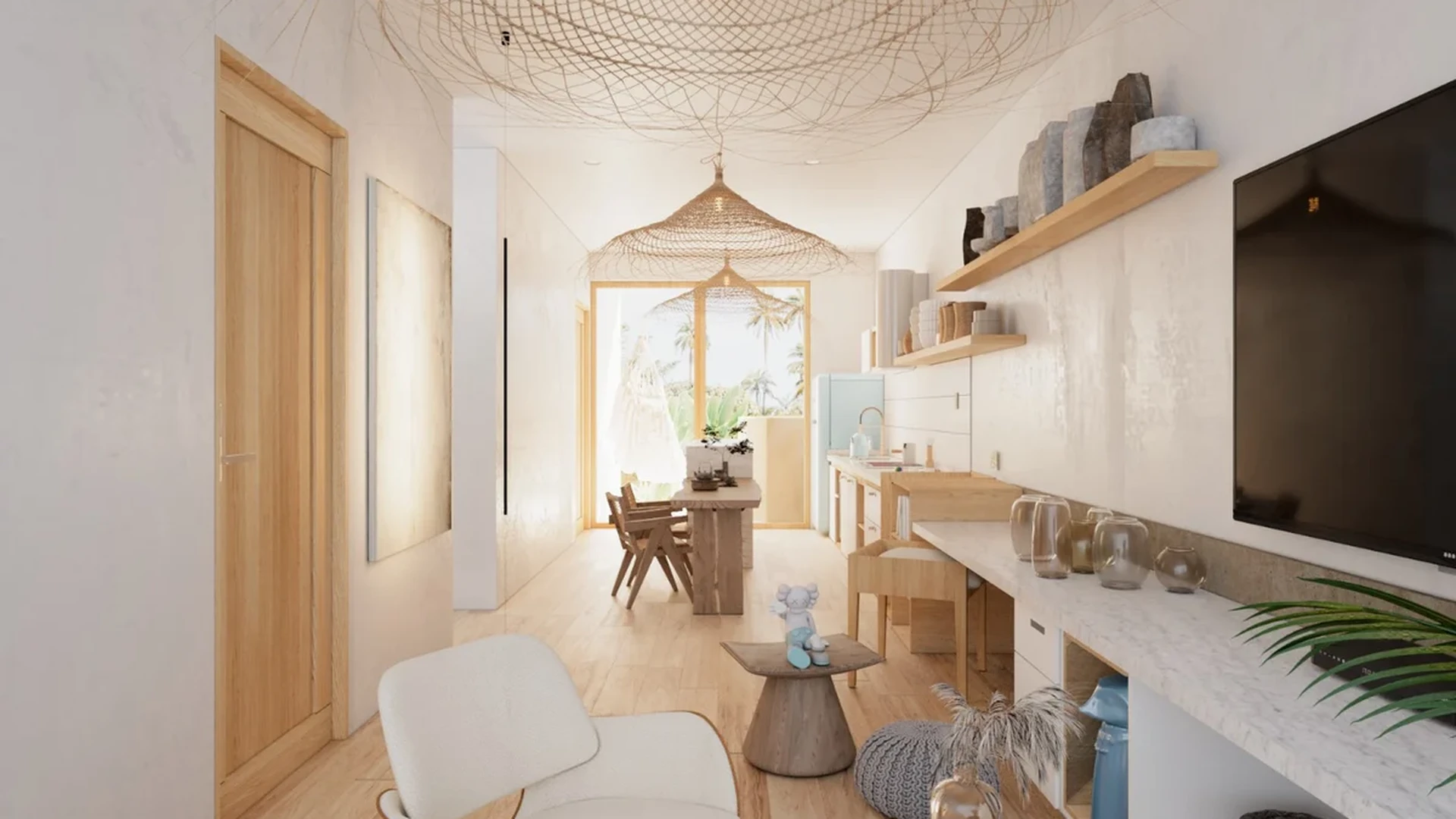 View of Open Concept Living at Xiib Kaab, showcasing Bohemian Decor, Natural Light.