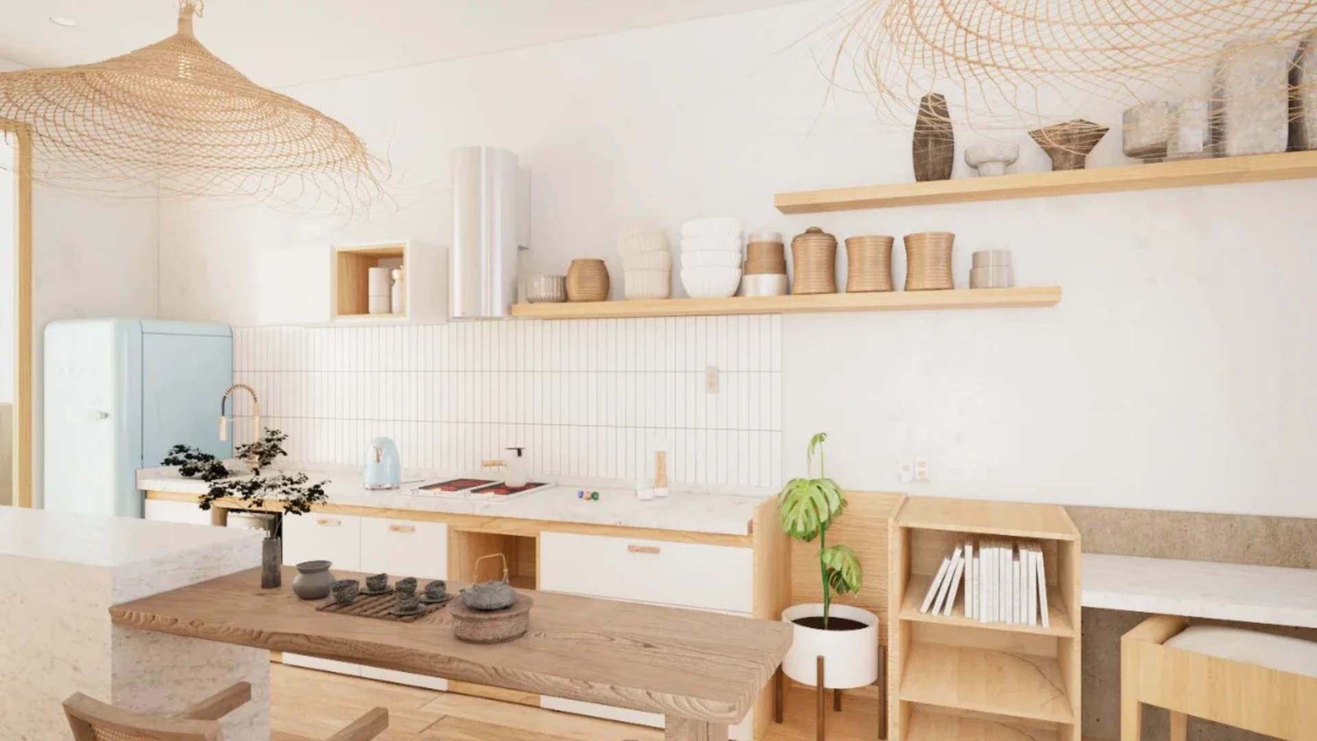 View of Modern Kitchen at Xiib Kaab, showcasing Japandi Design, Wood Flooring.