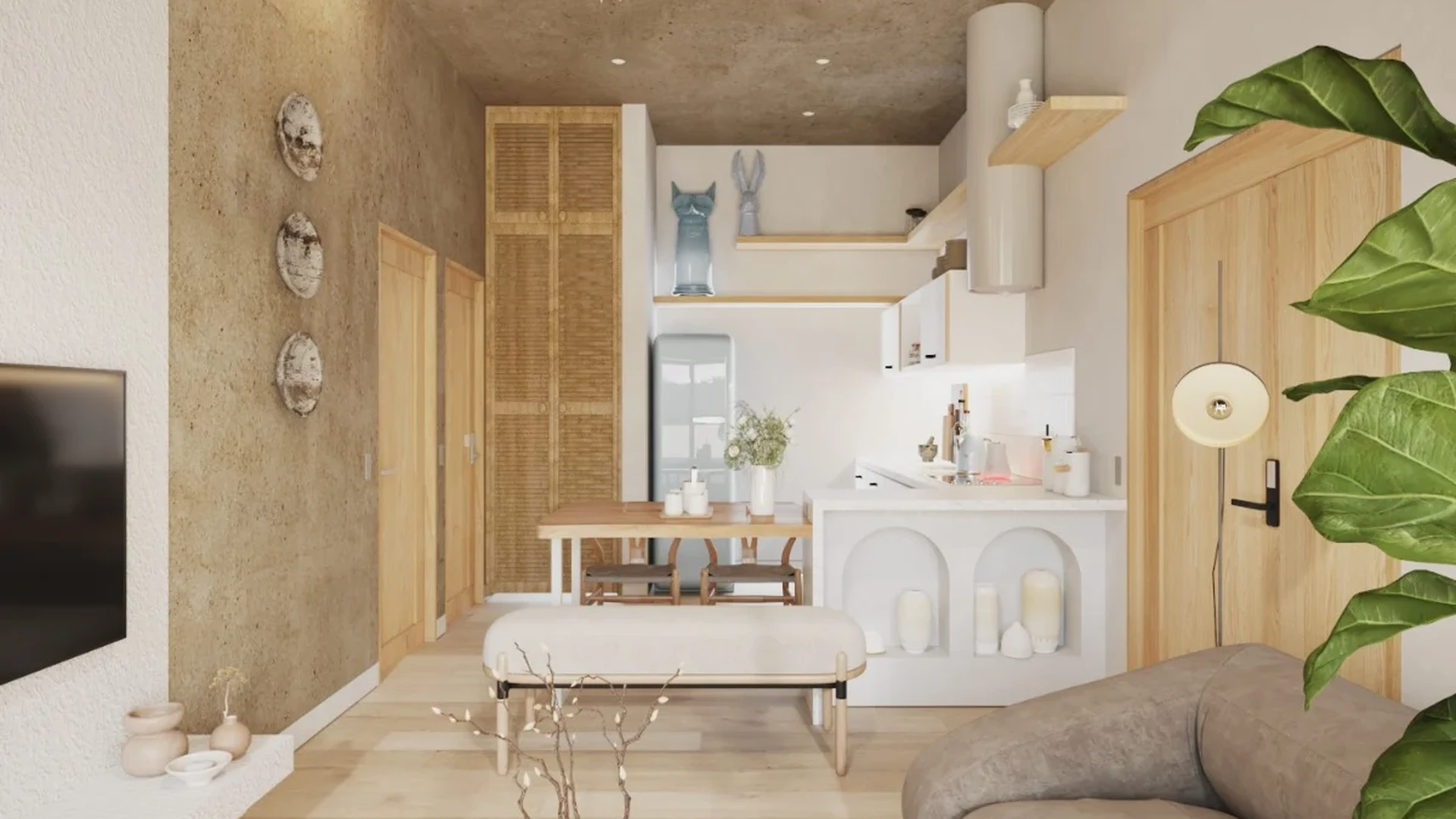 View of Open Concept Living at Xiib Kaab, showcasing Bohemian Interior Design, Modern Apartment.