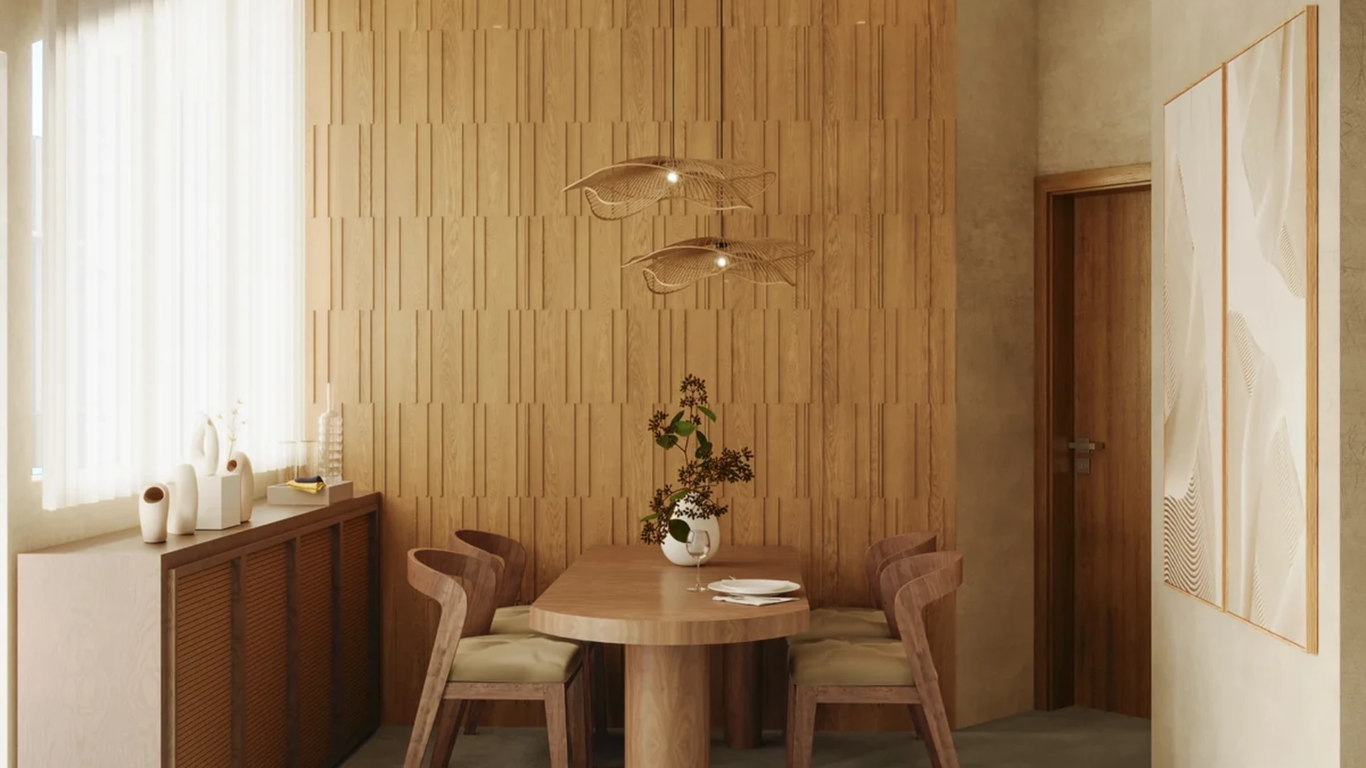 View of Modern Dining Room at Baay, showcasing Wood Accent Wall, Contemporary Design.