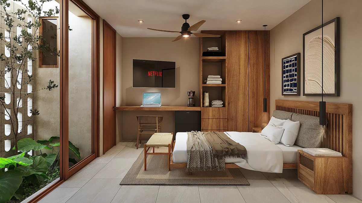 Image of Garden at Retiro Tulum-Townhouses, featuring Modern Bedroom, Wood Furniture.