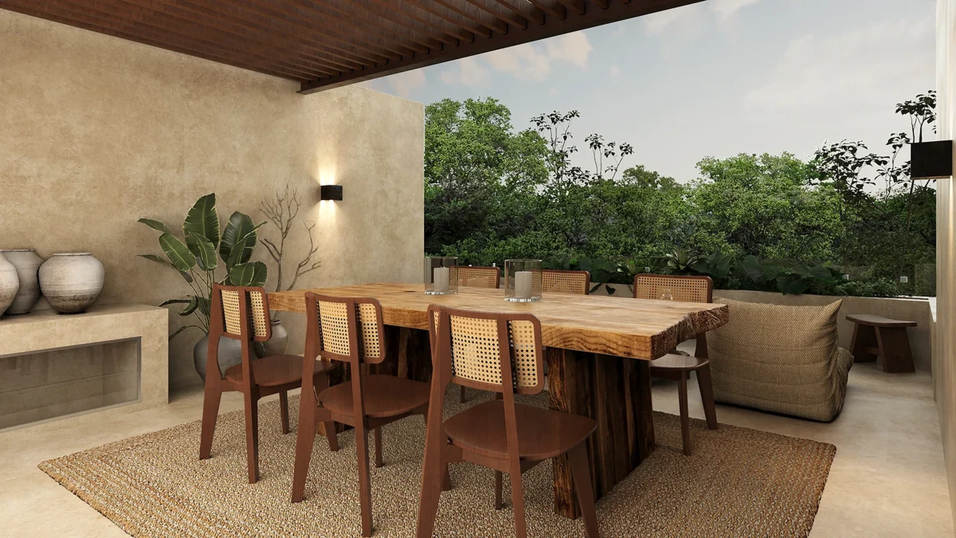 View of Outdoor Dining at Retiro Tulum-Townhouses, showcasing Covered Patio, Rustic Design.