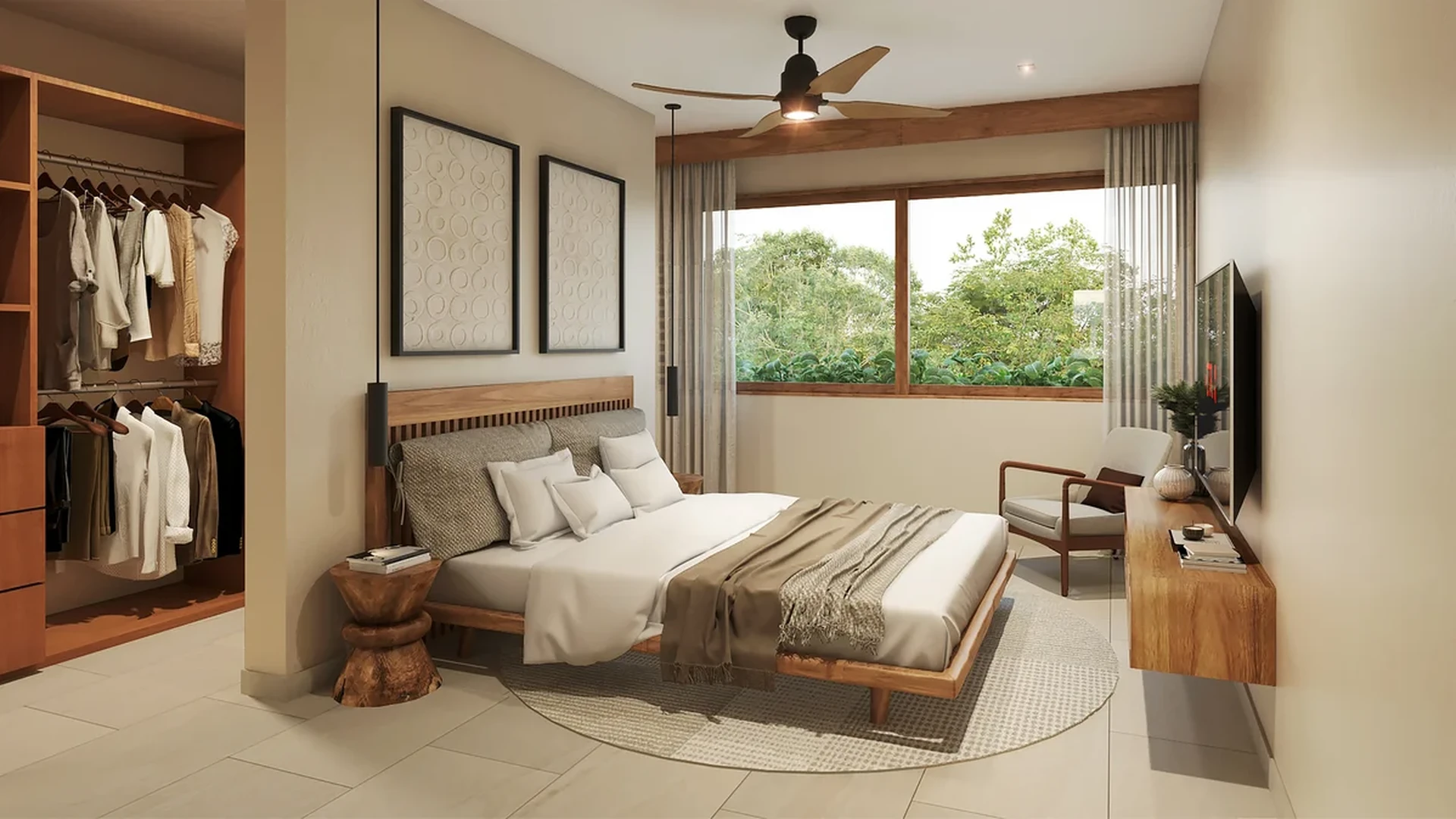 View of Master Bedroom at Retiro Tulum-Townhouses, showcasing Modern Interior Design, Natural Light.