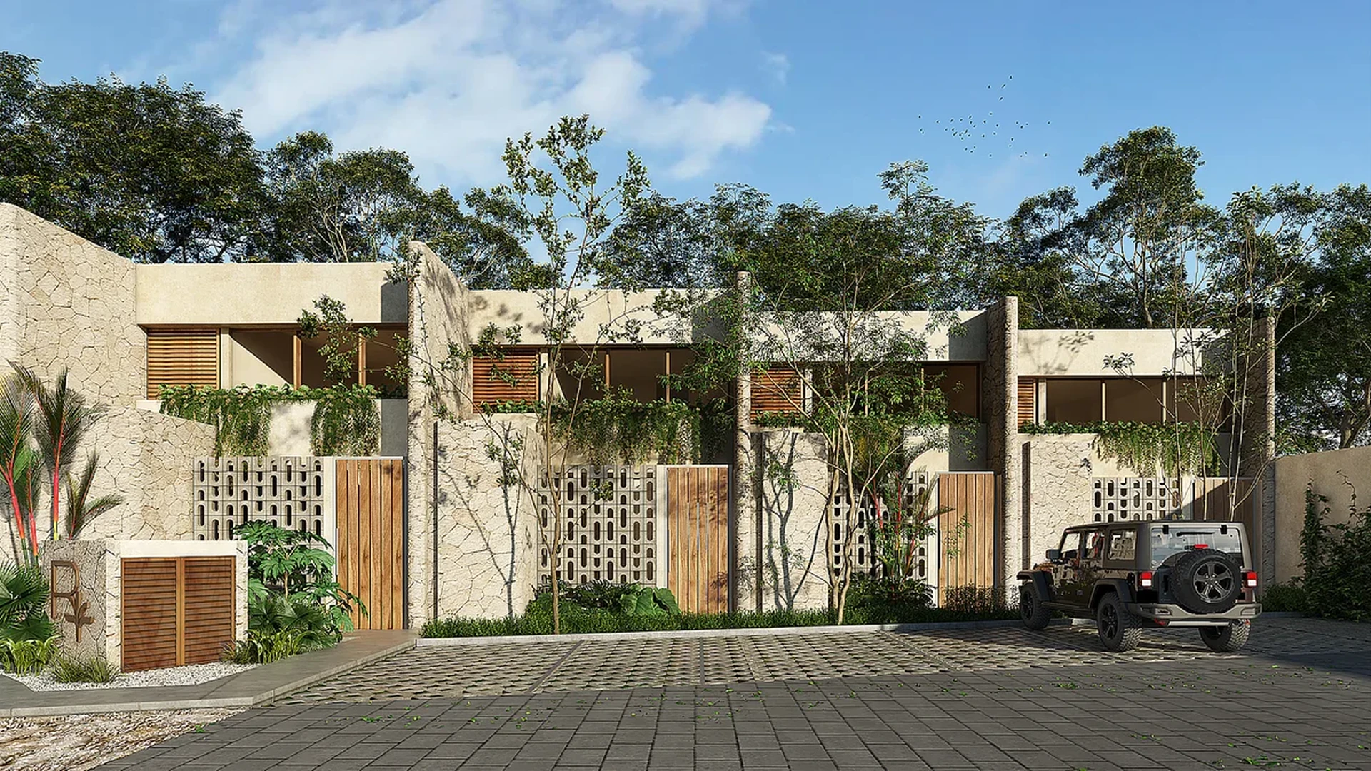 Image of Parking at Retiro Tulum-Townhouses, featuring Modern Architecture, Stone Facade.