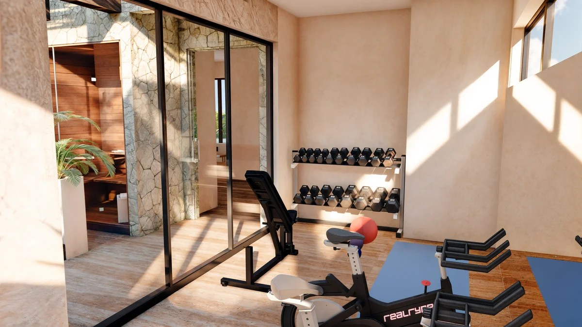 Image of Gym at Essence, featuring Private Gym, Fitness Center.