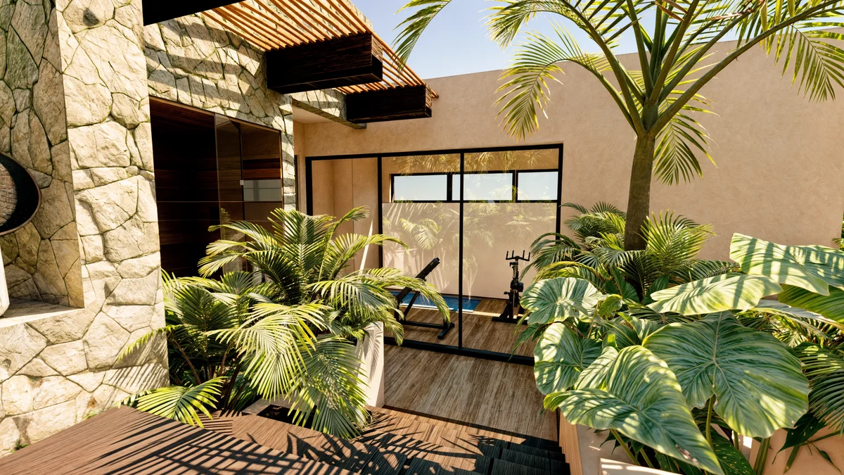 Image of Gym at Essence, featuring Home Gym, Tropical Landscaping.