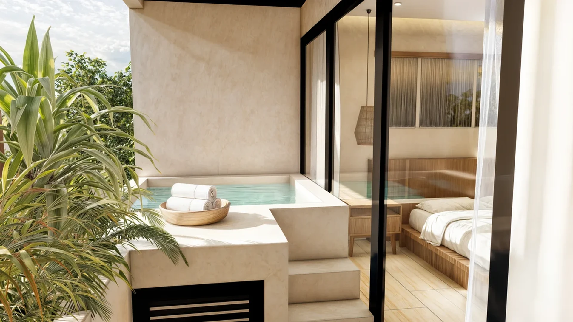 Image of Jacuzzi at Essence, featuring Private Plunge Pool, Luxury Bedroom.