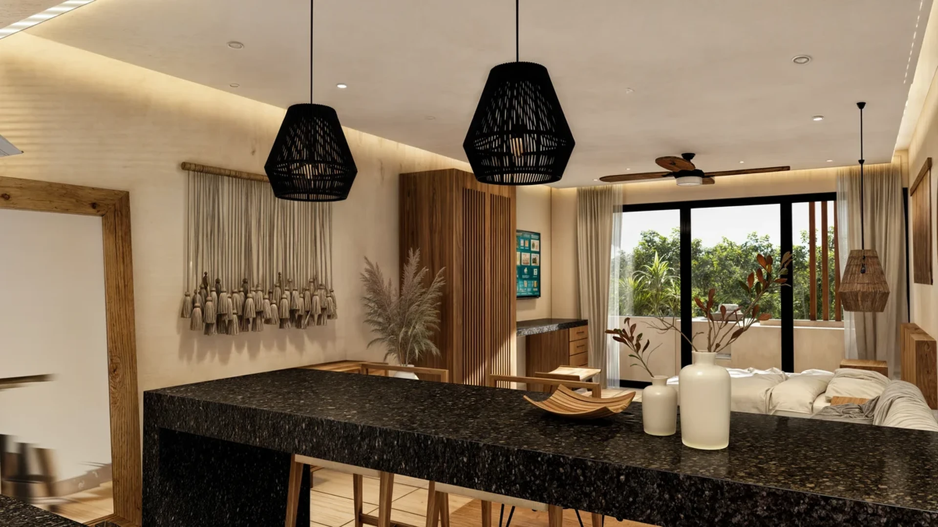 View of Studio Apartment at Essence, showcasing Open Concept Living, Bohemian Decor.