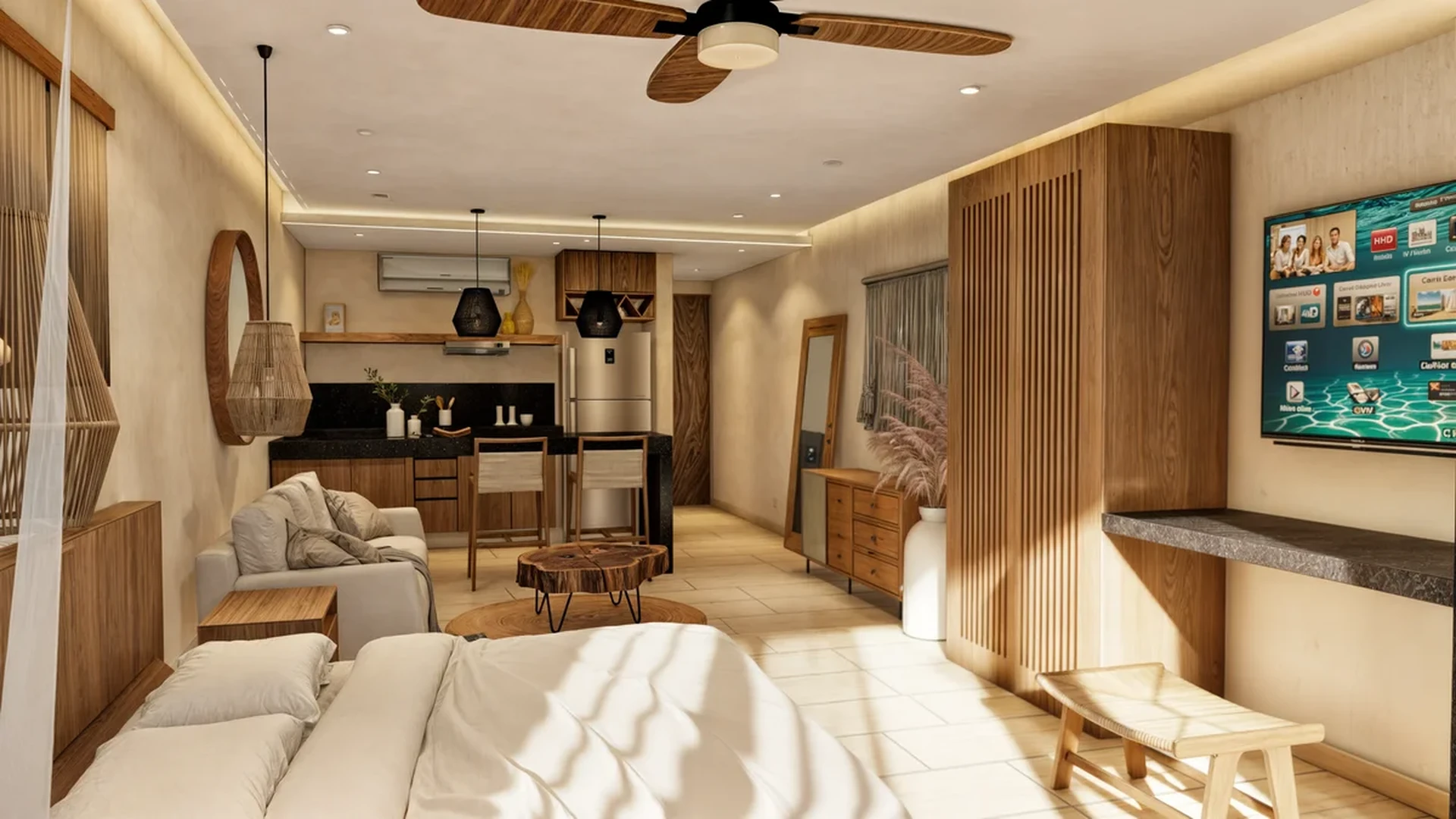 View of Studio Apartment at Essence, showcasing Open Concept Living, Modern Kitchenette.