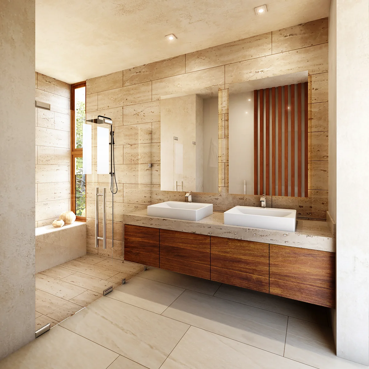 View of Luxury Bathroom at Retiro Tulum-Villas, showcasing Double Vanity, Walk-in Shower.