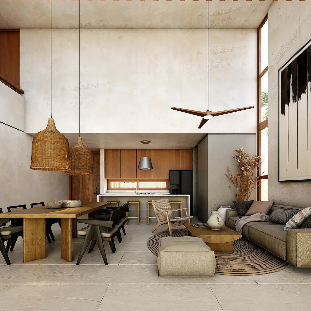 View of Open Concept Living at Retiro Tulum-Villas, showcasing High Ceilings, Modern Kitchen.