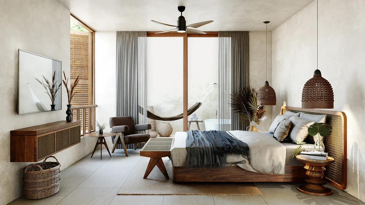 View of Luxury Bedroom at Retiro Tulum-Villas, showcasing Boho Chic Interior, Natural Light.