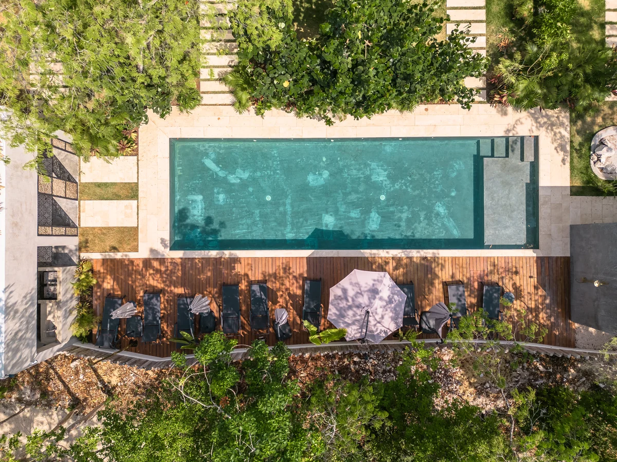 Image of Swimming Pool at Monarca, featuring Aerial Pool View, Luxury Backyard.
