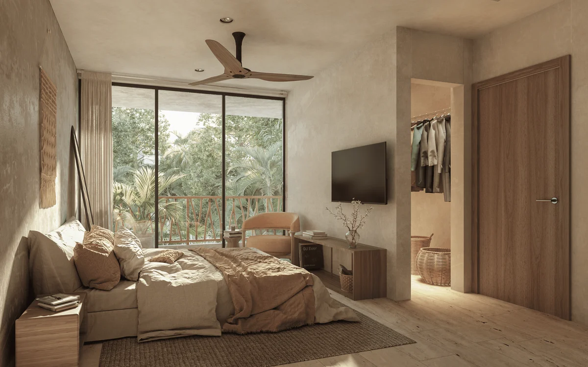 View of Modern Bedroom at Waye, showcasing Natural Light, Jungle View.