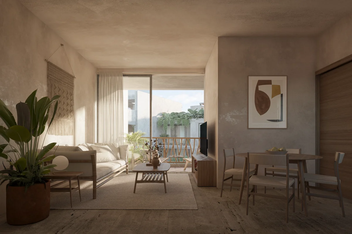 View of Open Concept Living at Waye, showcasing Natural Light, Minimalist Decor.