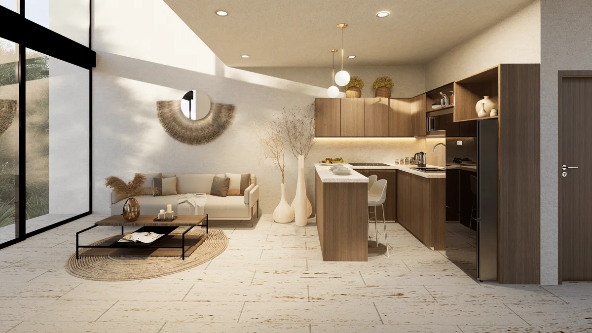 View of Open Plan Living at Waye, showcasing Modern Kitchen, Living Room.