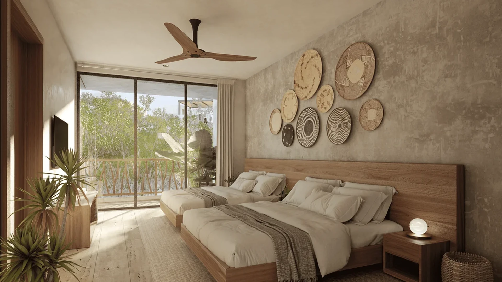 View of Boho Chic Bedroom at Waye, showcasing Natural Light Interior, Textured Accent Wall.