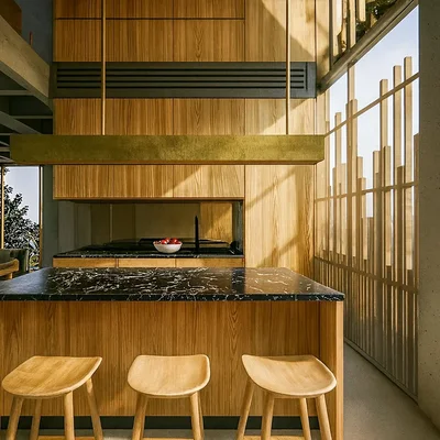 Image of Ocean View at Mirval by Pandora, featuring Modern Kitchen, Wood Cabinetry.