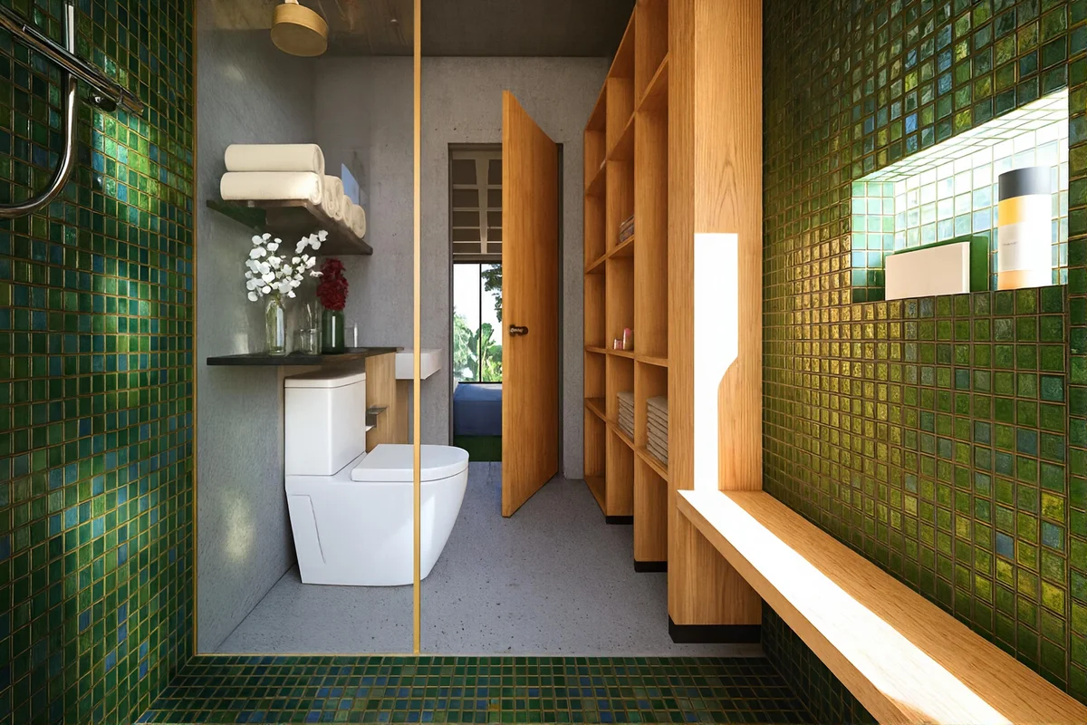 View of Modern Bathroom at Mirval by Pandora, showcasing Walk-in Shower, Green Mosaic Tile.