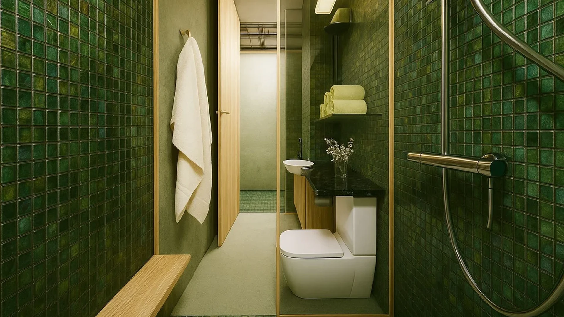 View of Modern Bathroom at Mirval by Pandora, showcasing Green Mosaic Tile, Walk-in Shower.