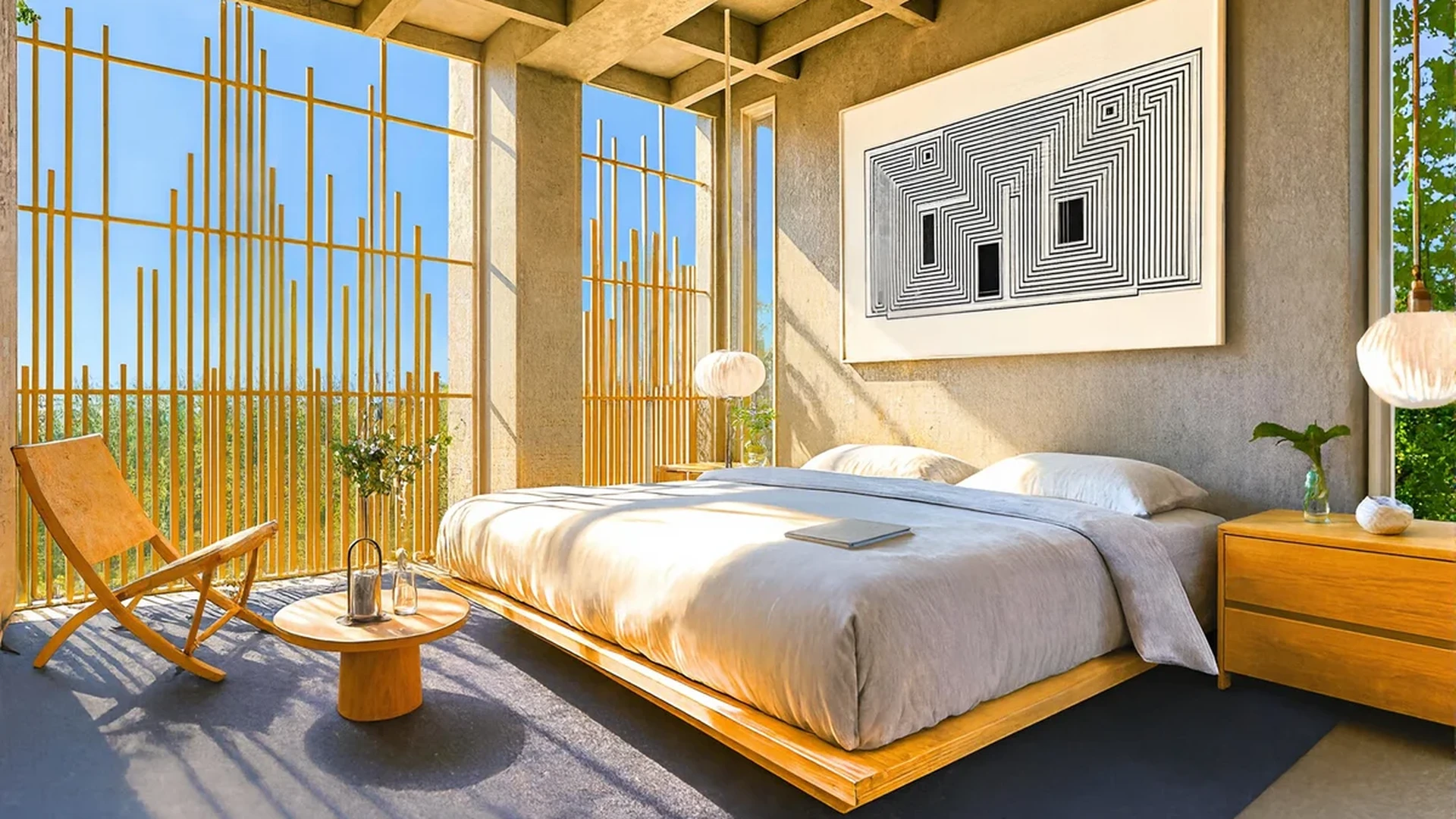 View of Modern Bedroom at Mirval by Pandora, showcasing Natural Light, Floor-to-Ceiling Windows.