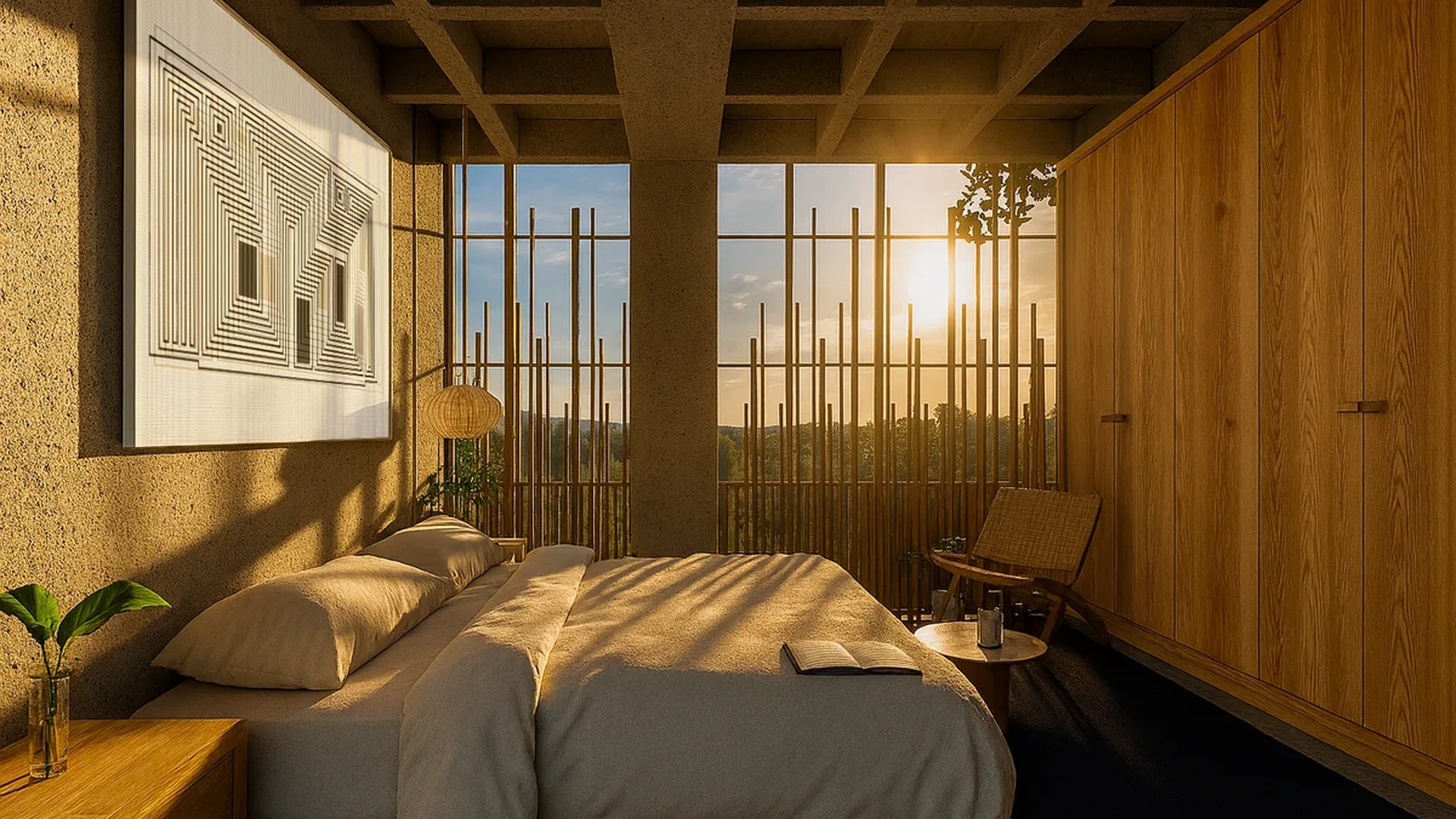 View of Modern Bedroom at Mirval by Pandora, showcasing Architectural Design, Sunset View.