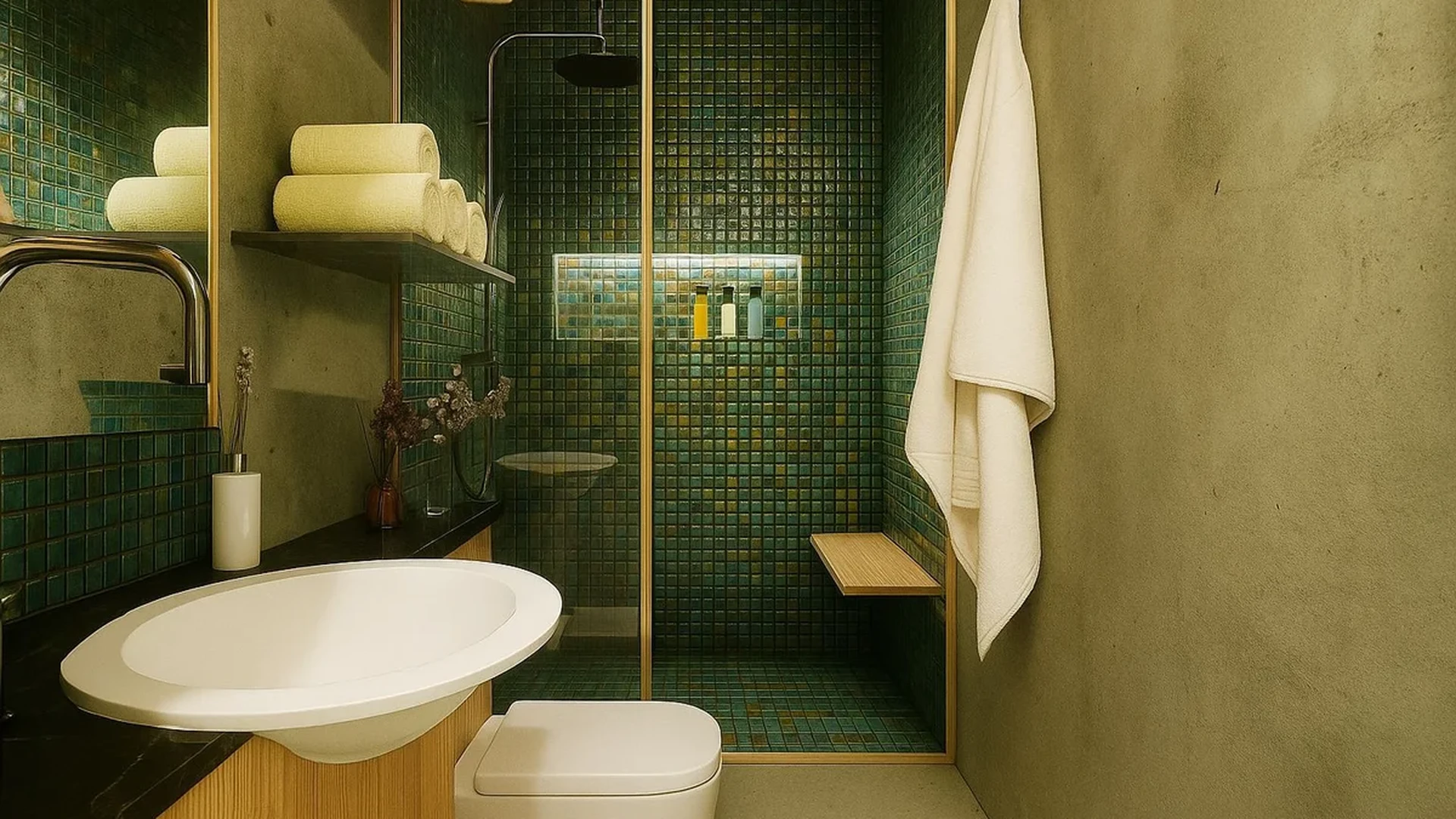 View of Modern Bathroom at Mirval by Pandora, showcasing Green Mosaic Tile, Walk-in Shower.