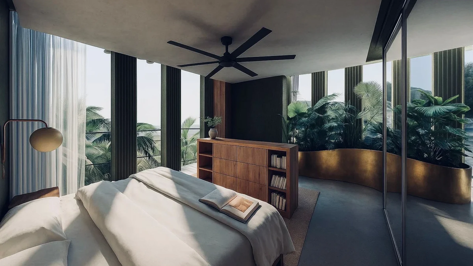 View of Modern Bedroom at Mirval by Pandora, showcasing Luxury Interior, Floor-to-Ceiling Windows.