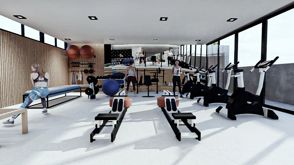 Image of Gym at Blue Water, featuring Fitness Center, Modern Gym.