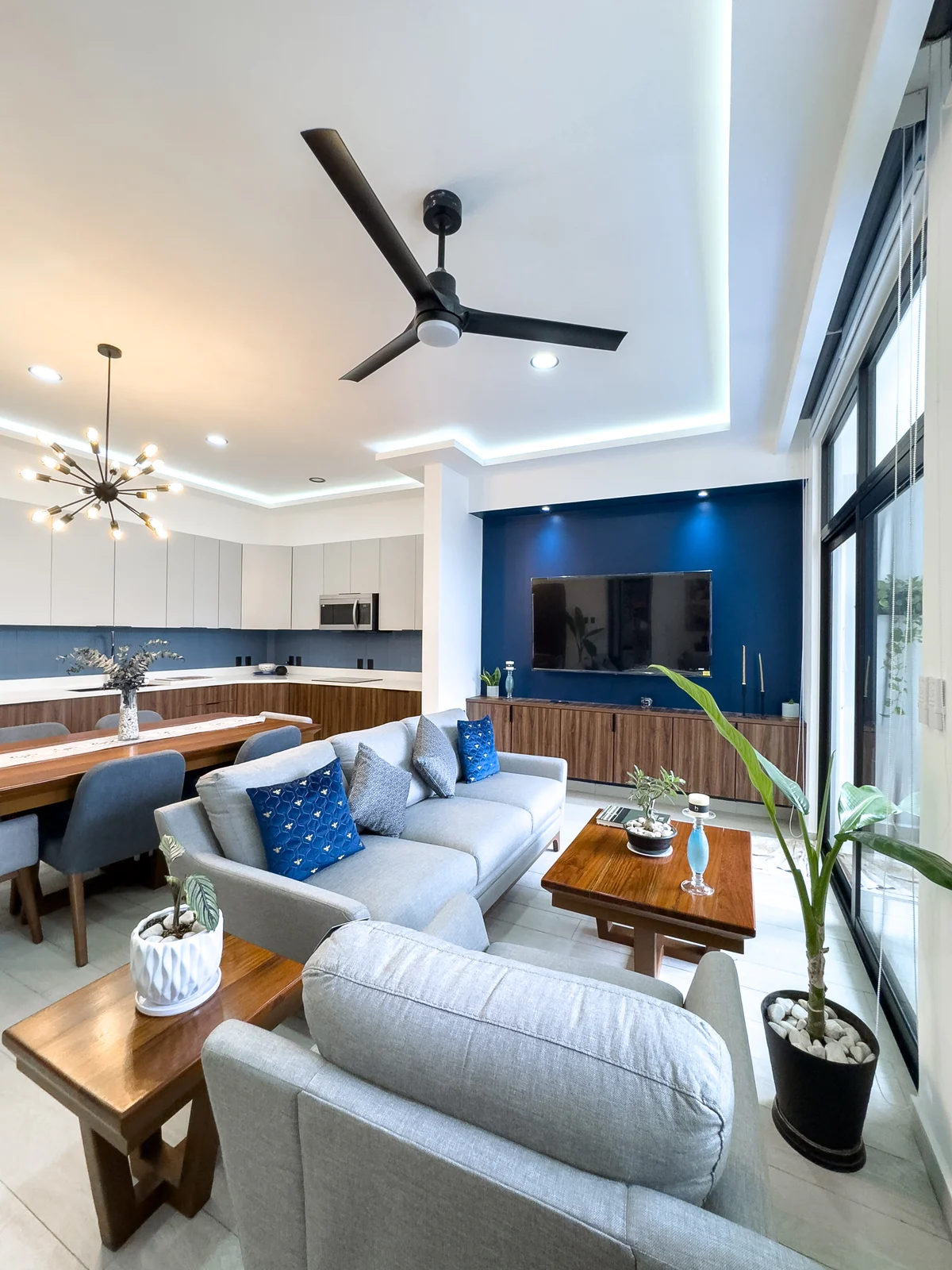 View of Open Concept Living at Blue Water, showcasing Modern Interior Design, Living Room.