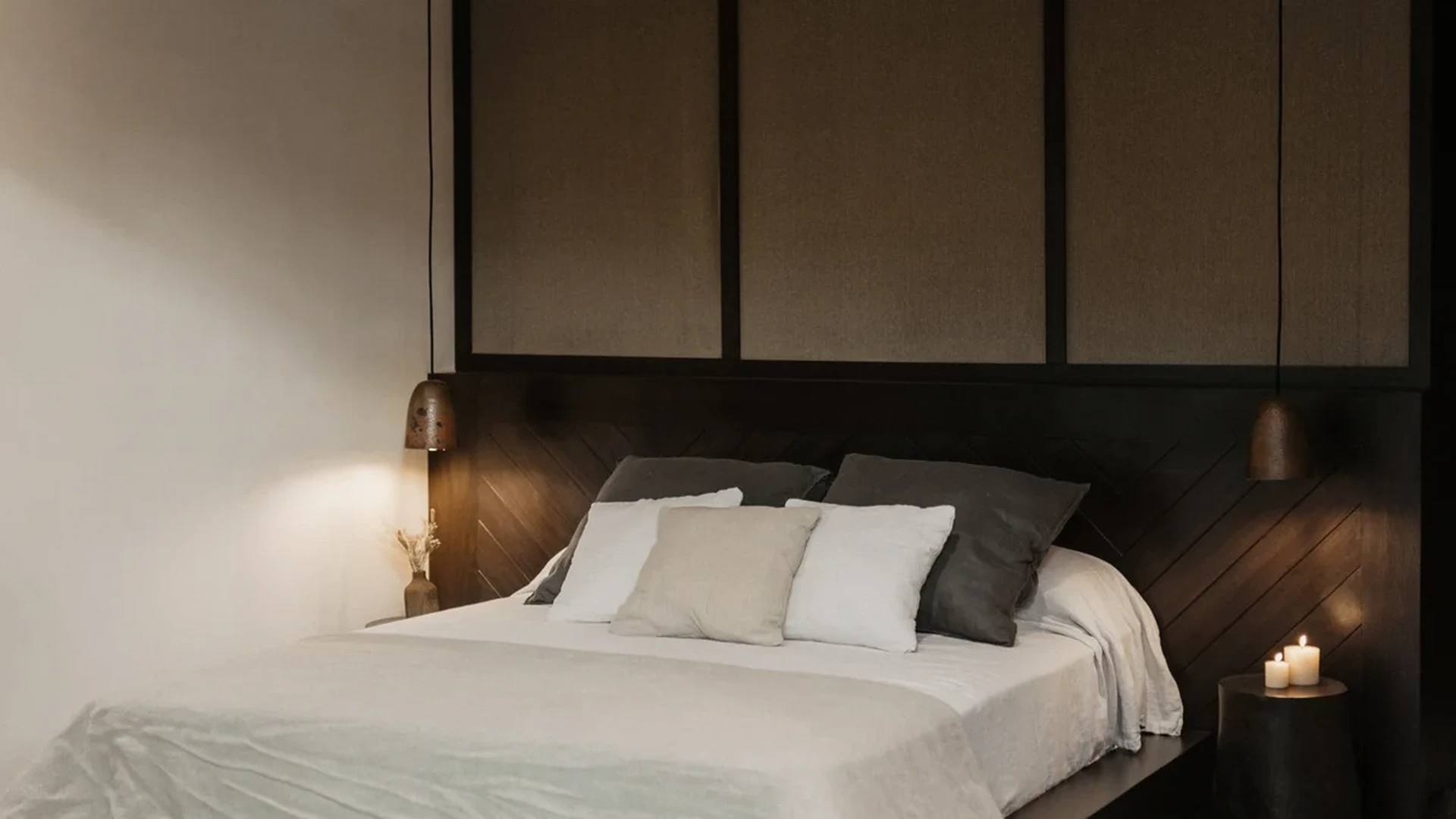 View of Modern Bedroom at Bodhi, showcasing Minimalist Design, Platform Bed.