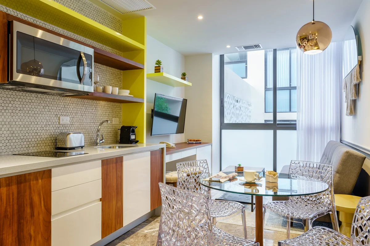 View of Modern Kitchenette at Singular Joy, showcasing Open Concept Living, Studio Apartment.