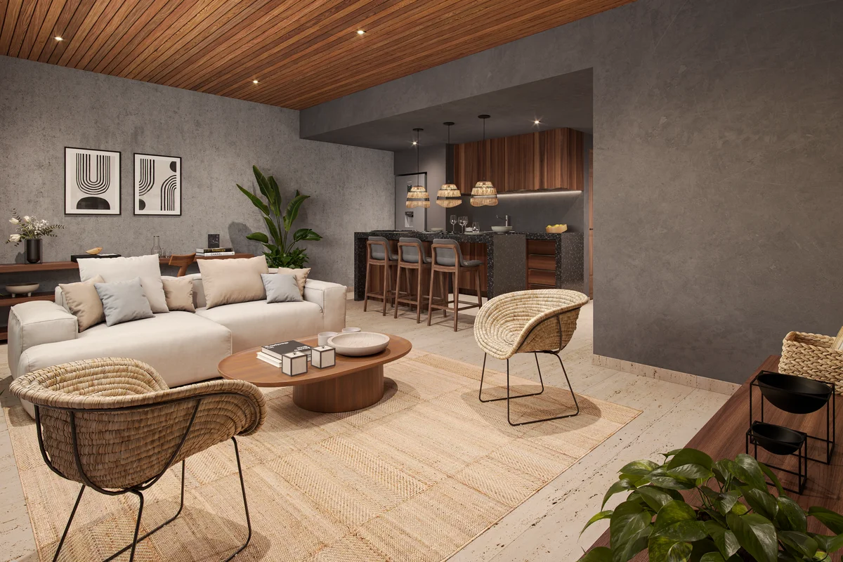 Image of a Open-Concept Living, featuring Modern Kitchen and Wood Paneled Ceiling.