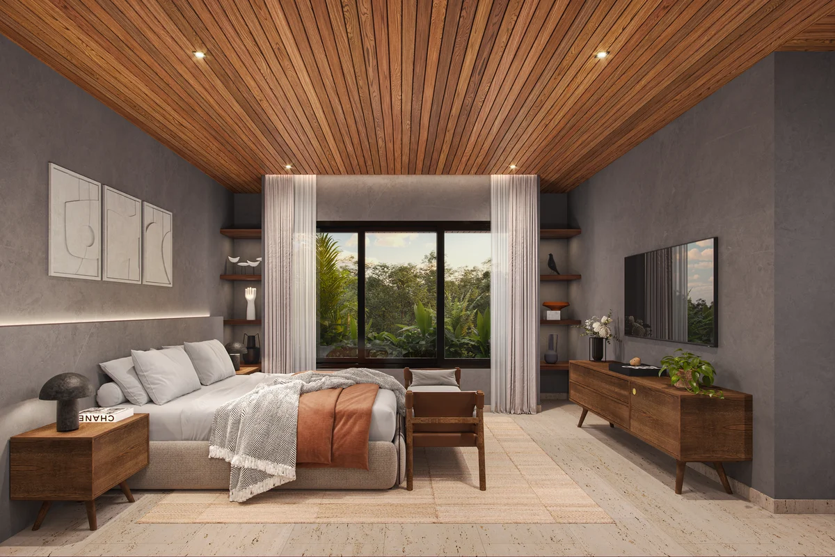 Image of a Master Bedroom, featuring Wood Plank Ceiling and Travertine Floors.