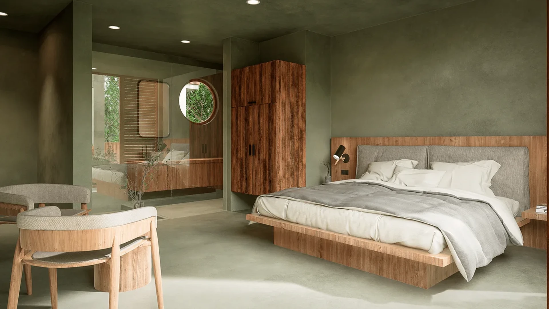 View of Modern Bedroom at Tanah, showcasing En-suite Bathroom, Minimalist Design.