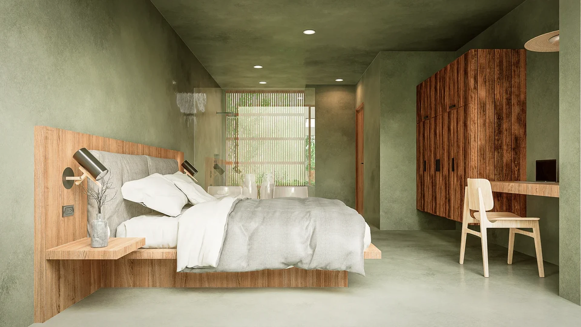 View of Modern Bedroom at Tanah, showcasing Green Interior Design, Natural Wood Furniture.