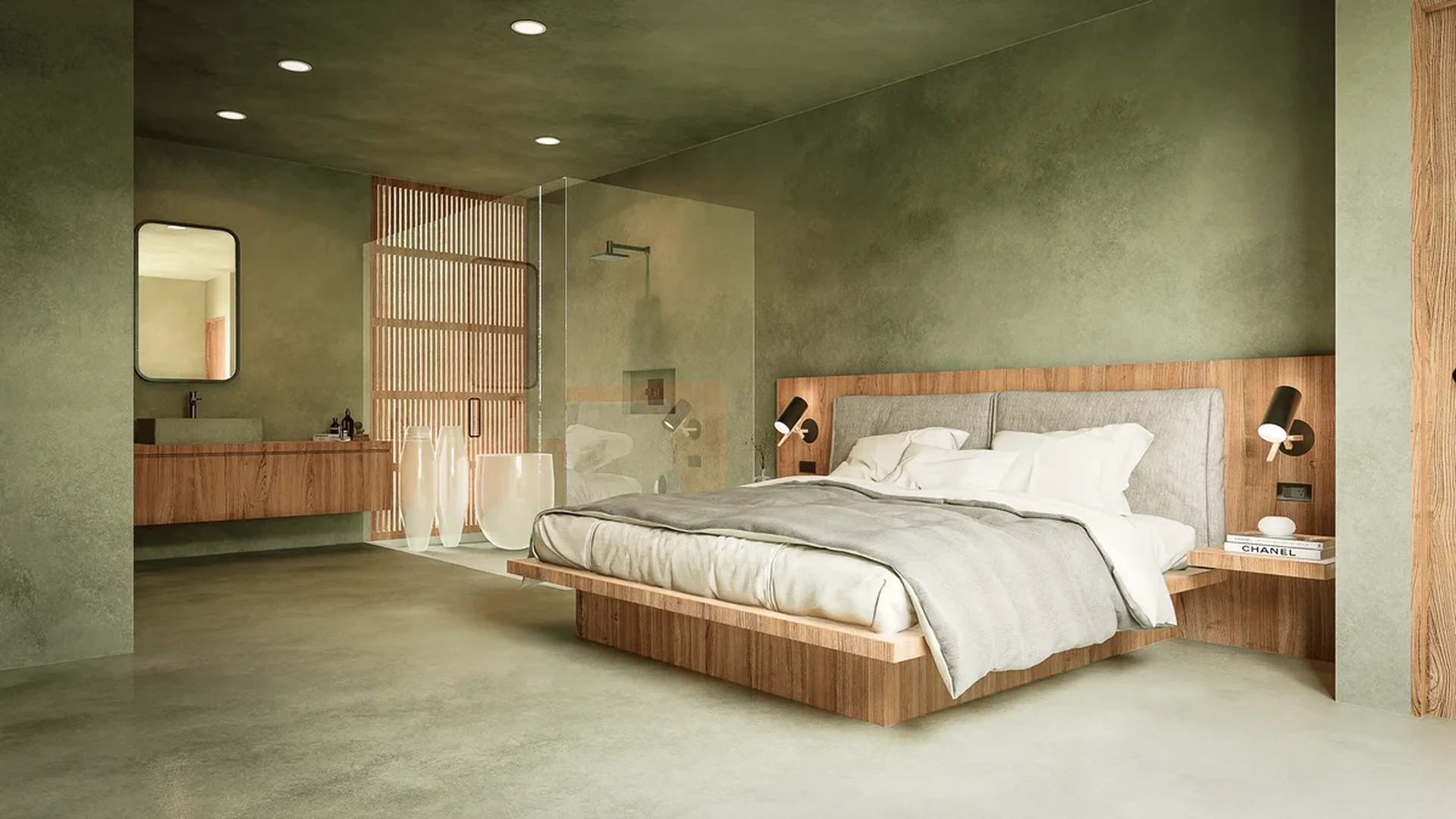 View of Modern Bedroom at Tanah, showcasing Ensuite Bathroom, Japandi Design.