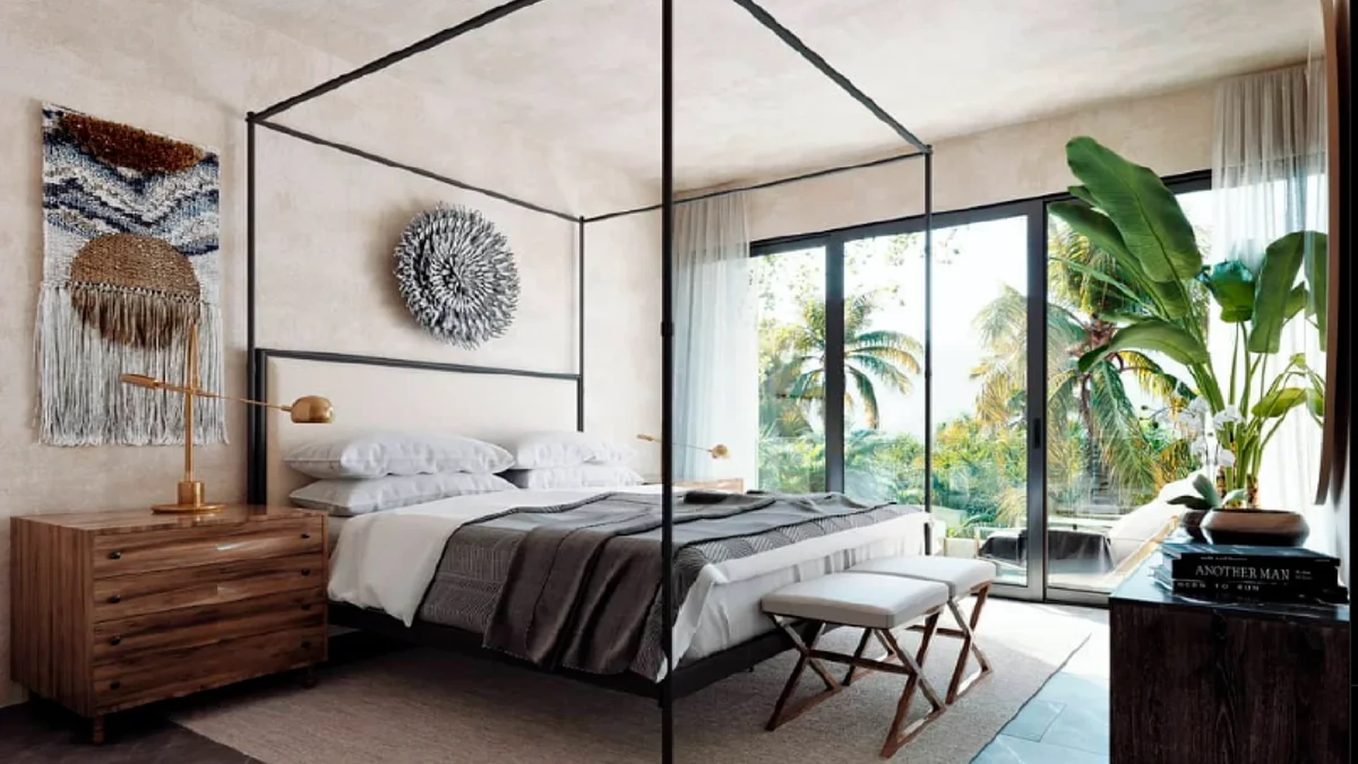 View of Luxury Bedroom at Aruma, showcasing Canopy Bed, Natural Light.