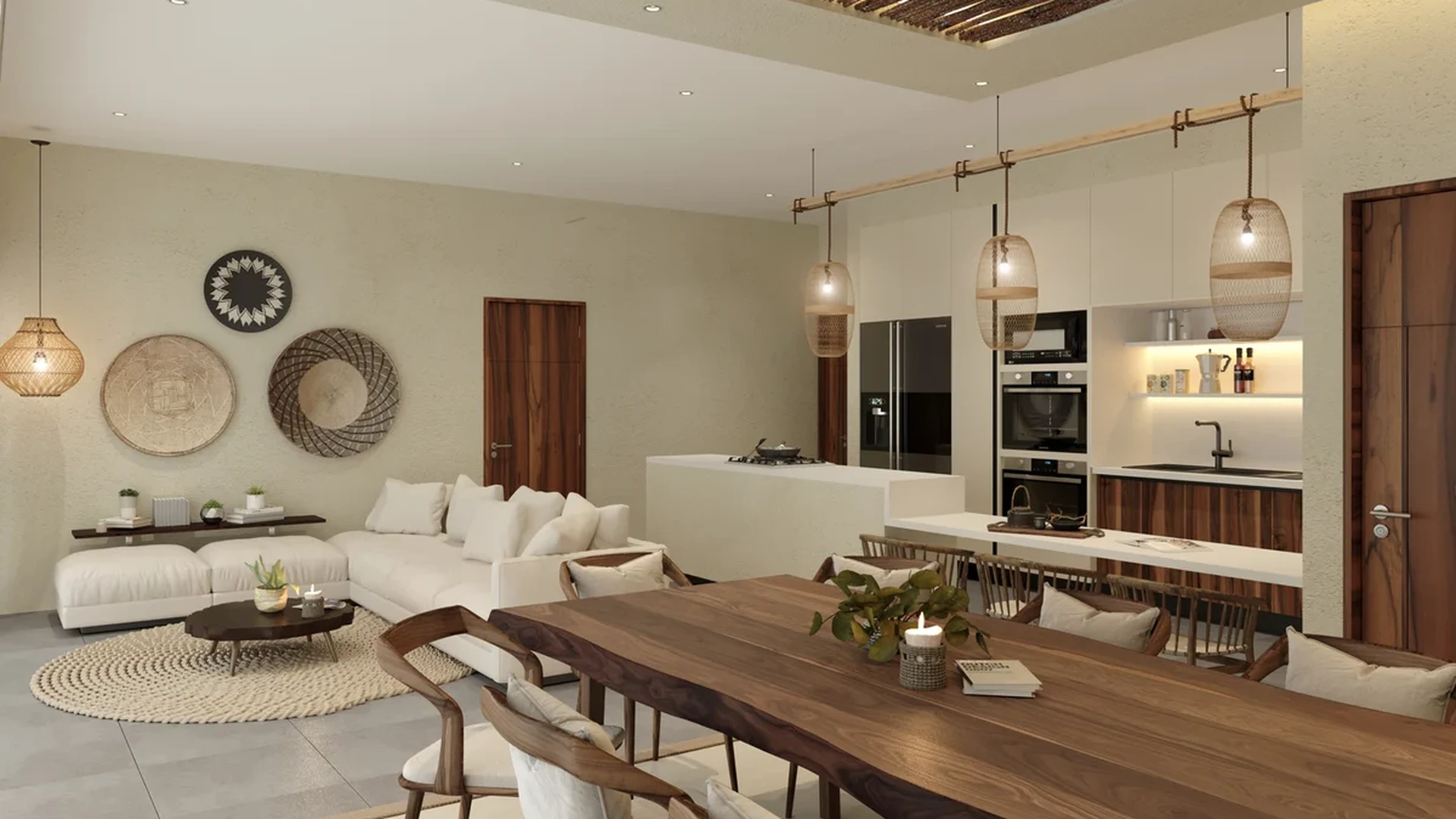 View of Open-concept living at Aruma, showcasing Modern kitchen, Luxury dining room.