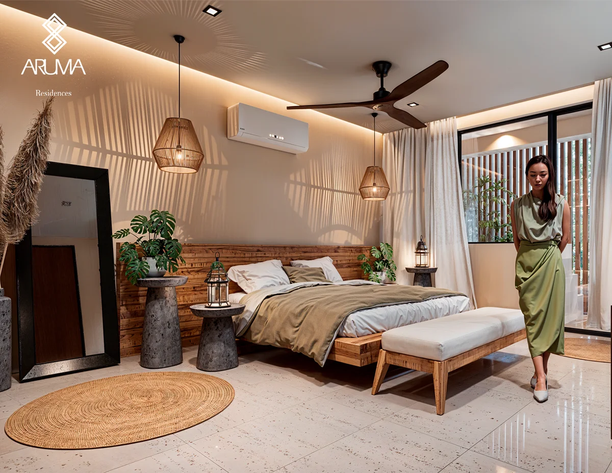 View of Modern Bedroom at Aruma, showcasing Tropical Decor, Natural Materials.