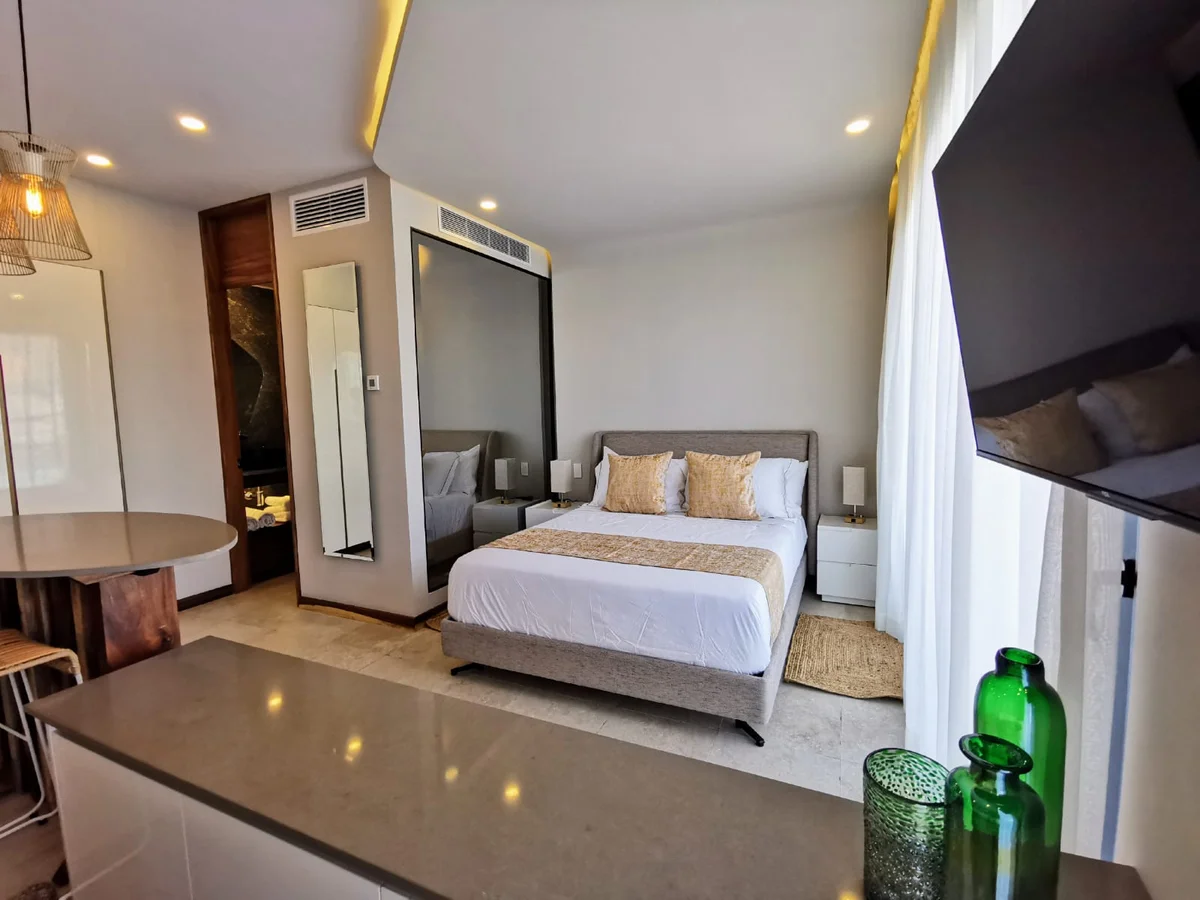 View of Studio Apartment at Alizee, showcasing Modern Bedroom, Open Concept Living.