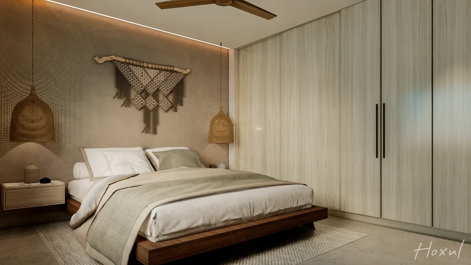 View of Modern Bedroom at Hoxul, showcasing Boho Chic Decor, Natural Wood Finishes.