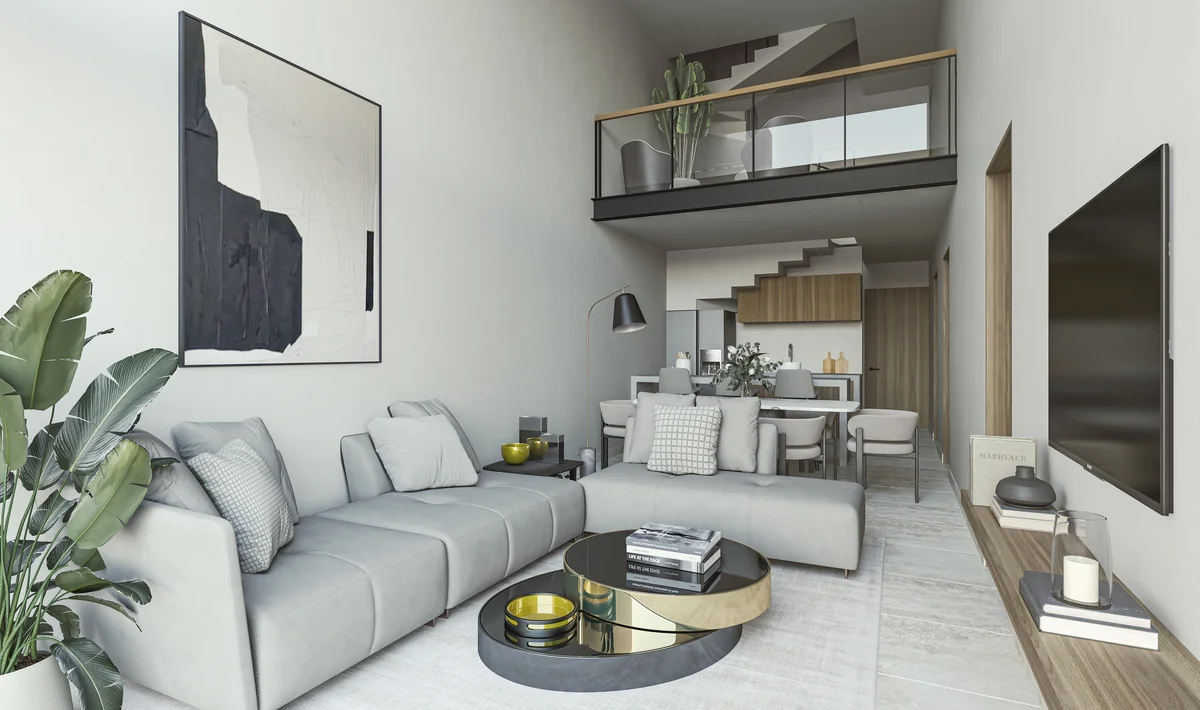 View of Modern Living Room at Le Parc, showcasing Open Concept Layout, Loft Style Apartment.