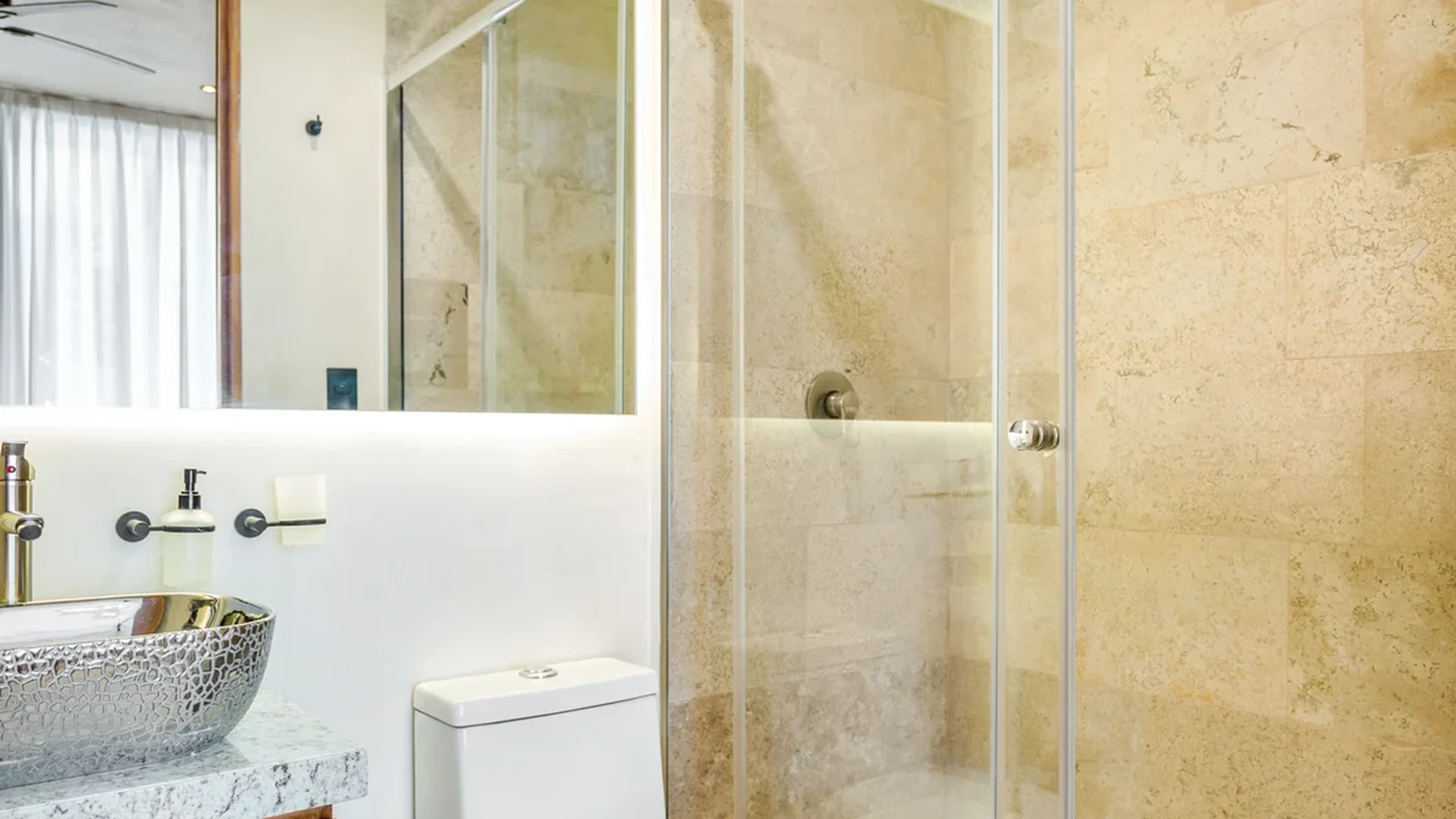 View of Modern Bathroom at Sands Tulum, showcasing Contemporary Bathroom, Glass Shower.