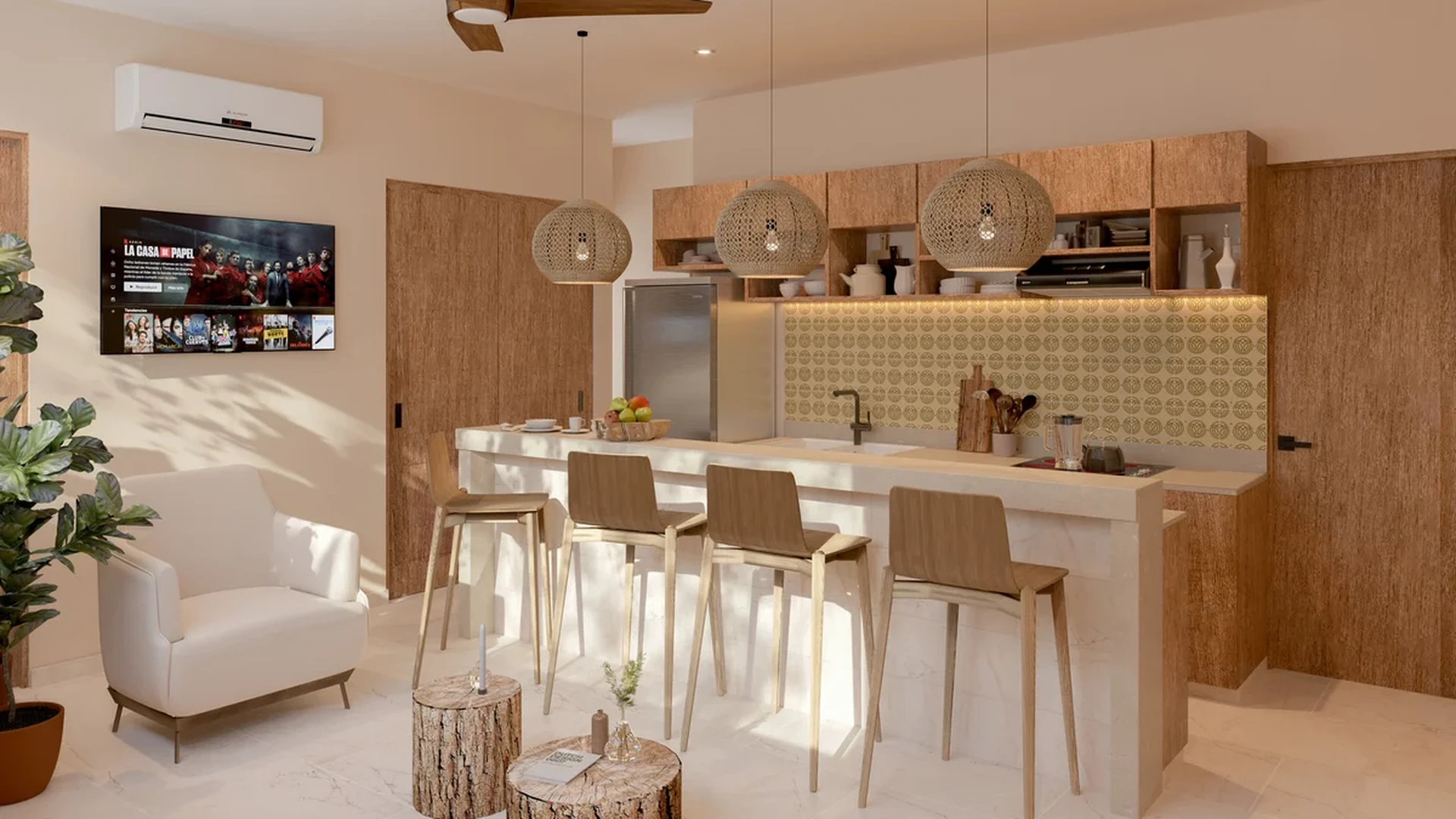 View of Modern Kitchen at Lik Organic, showcasing Kitchen Island, Bar Stools.