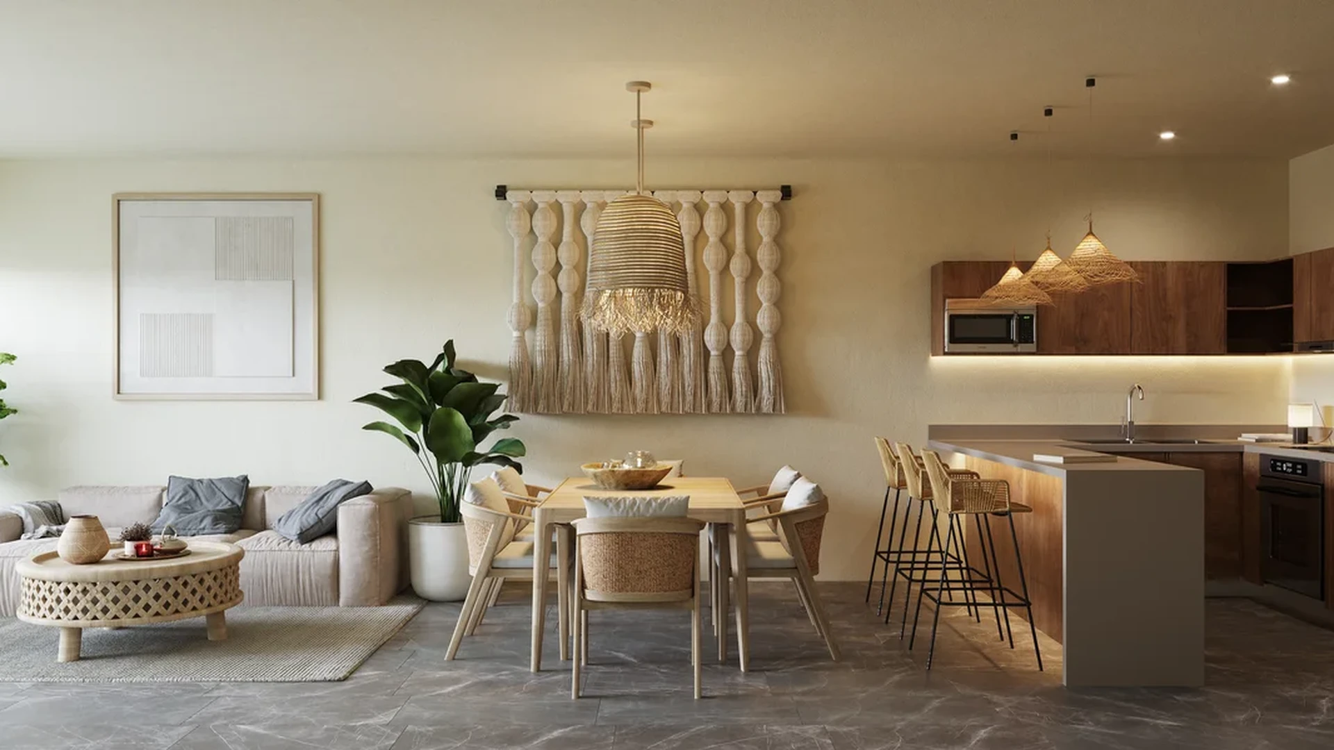 View of Open Concept Living at Kune, showcasing Modern Kitchen, Bohemian Decor.