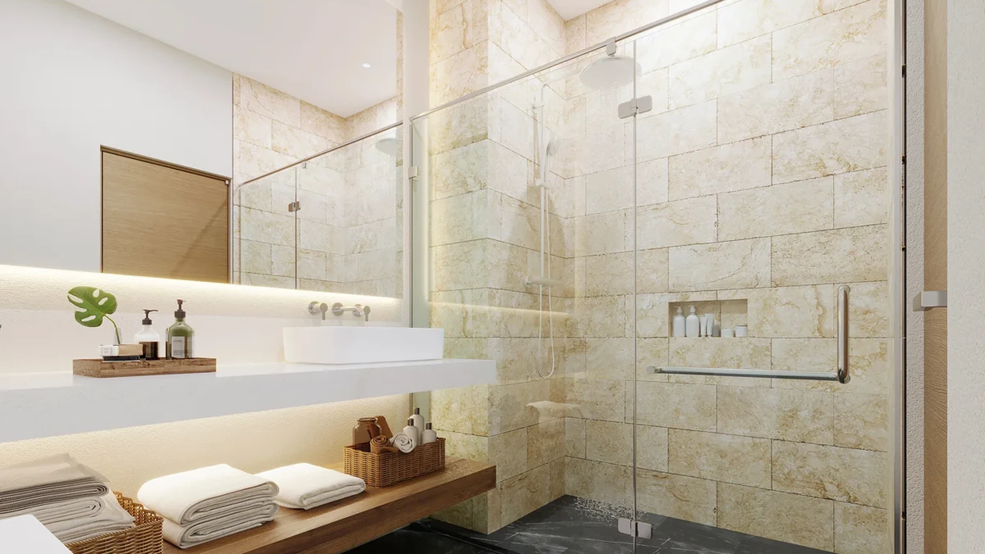 View of Modern Bathroom at Kune, showcasing Stylish Vanity, Glass Shower.