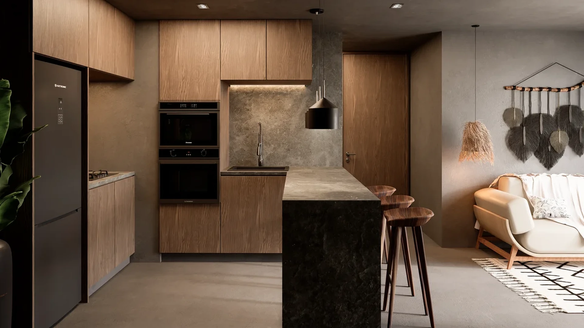 View of Modern Kitchen at Brahma, showcasing Open Concept Living, Contemporary Interior.