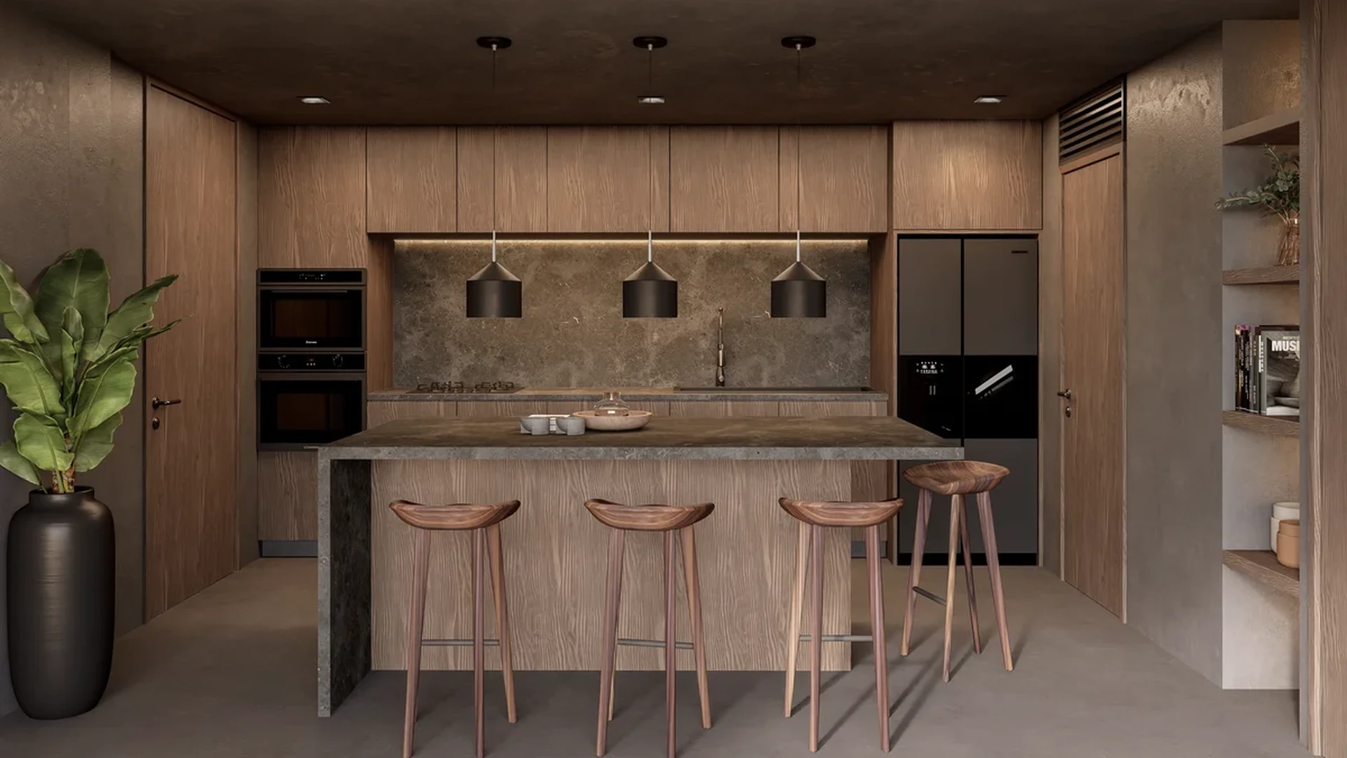 View of Modern Kitchen at Brahma, showcasing Wood Cabinets, Kitchen Island.
